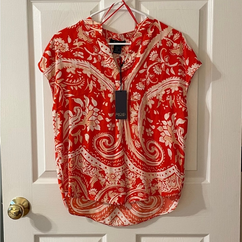 RACHEL Rachel Roy Vibrant Orange and White Patterned Top